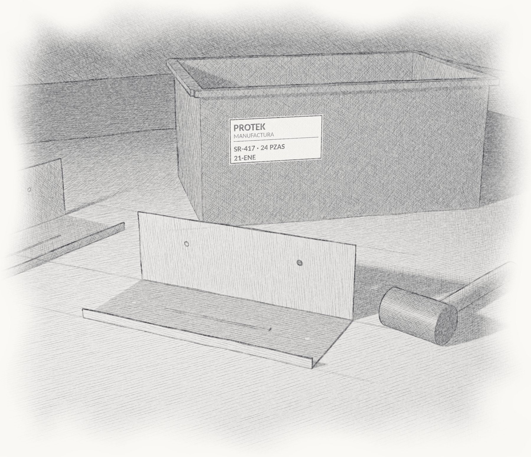 Dibujo a lápiz: un soporte SR-417 sobre la mesa de trabajo, junto a la caja de Protek con su etiqueta y un martillo de goma